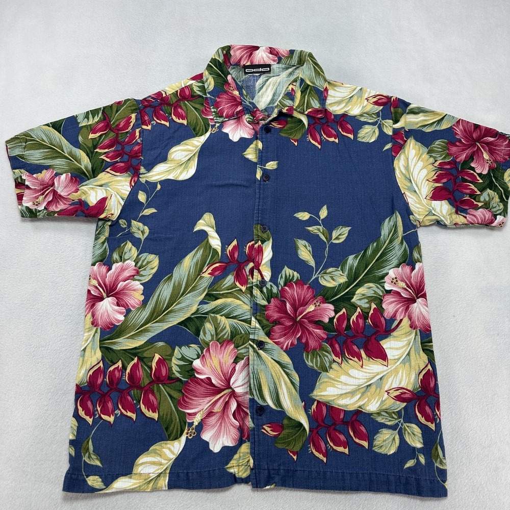 ODO Hawaiian Aloha Shirt‎ Mens Large Blue Floral Hibiscus Short Sleeve Camp USA